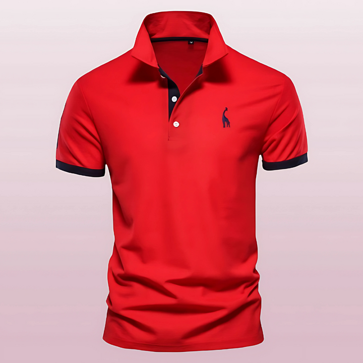 Detailed view of the soft, breathable fabric on a men's modern fit short sleeve polo shirt.