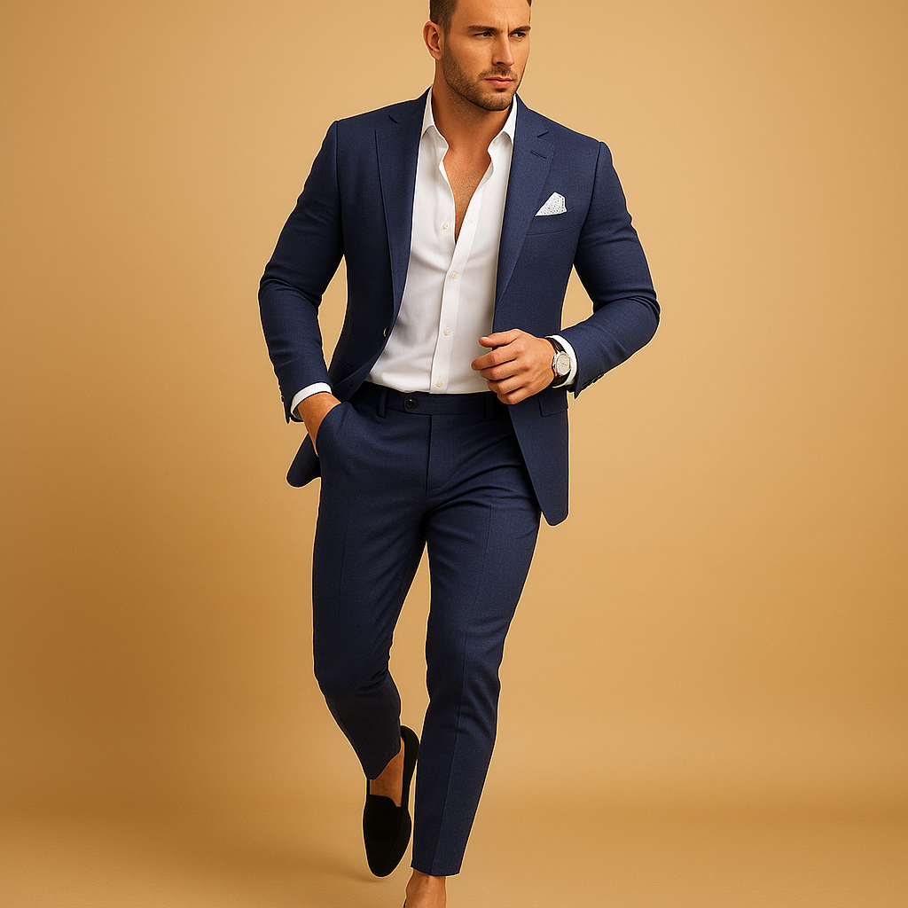 Men's slim fit suit set with blazer & trousers for a modern, tailored look. Ideal for formal & business events.