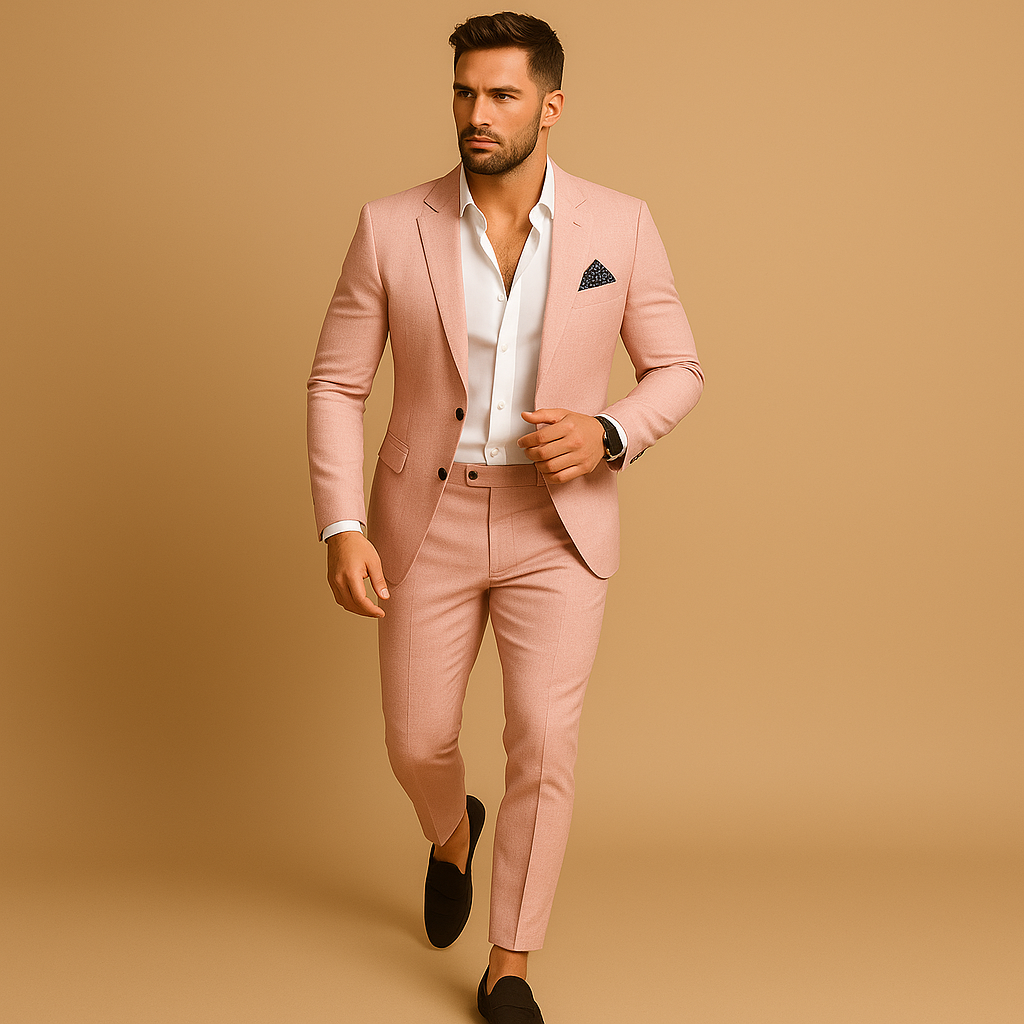 Premium men's tailored slim fit suit set, offering sharp lines & comfortable style for any formal occasion.