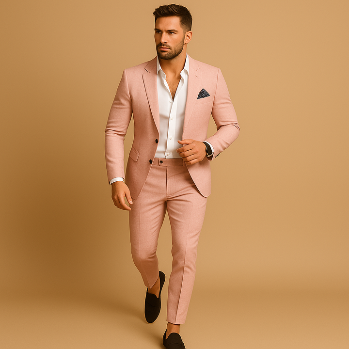 Premium men's tailored slim fit suit set, offering sharp lines & comfortable style for any formal occasion.
