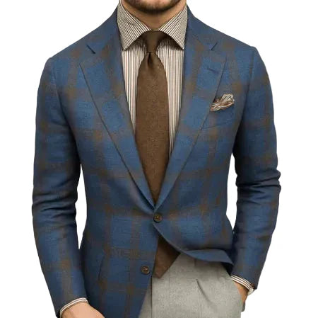 Men's slim fit tailored blazer with a modern check pattern, ideal for sharp formal or business attire.