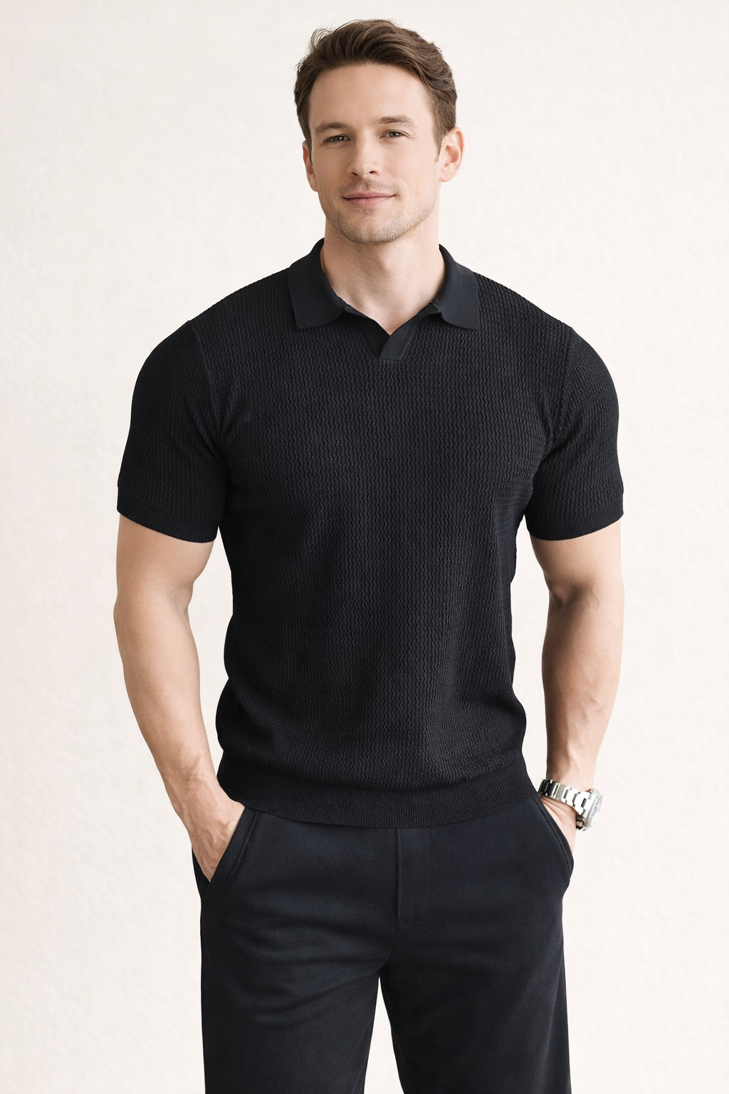 Men's slim fit textured polo shirt, ideal for daily casual wear. Short sleeve & collared for everyday style.