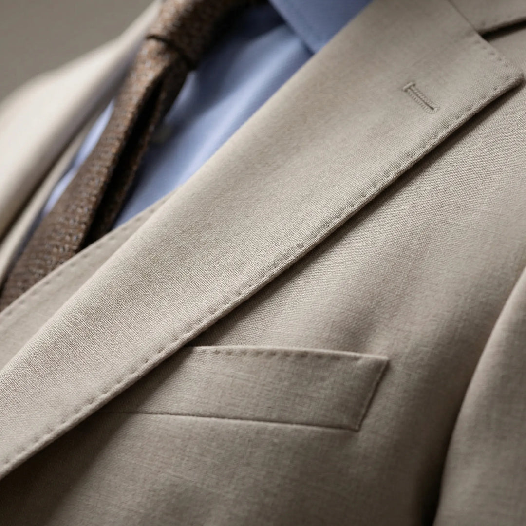 Man in stylish slim fit three-piece Alessio suit, ideal for formal wear, business meetings, or wedding guests.