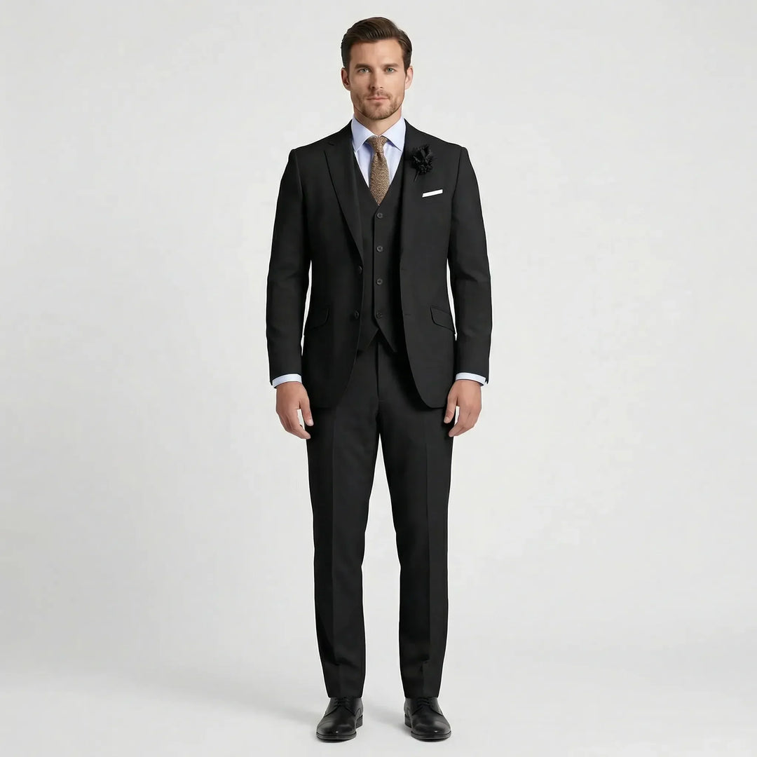 Modern men's formal three-piece suit in slim fit design, suitable for wedding attire & sophisticated fashion.