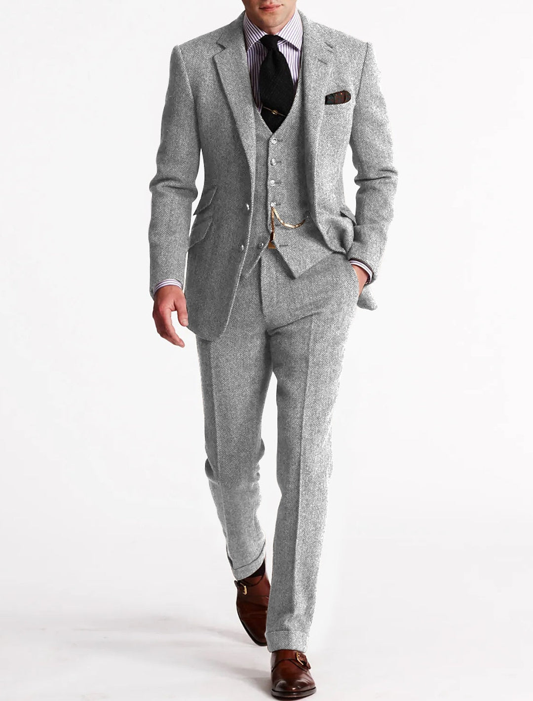Full view of a men's three-piece tweed suit, slim fit, suitable for prom or formal wear