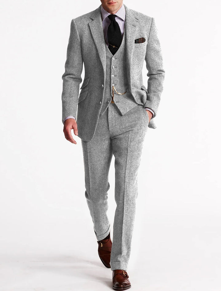 Full view of a men's three-piece tweed suit, slim fit, suitable for prom or formal wear