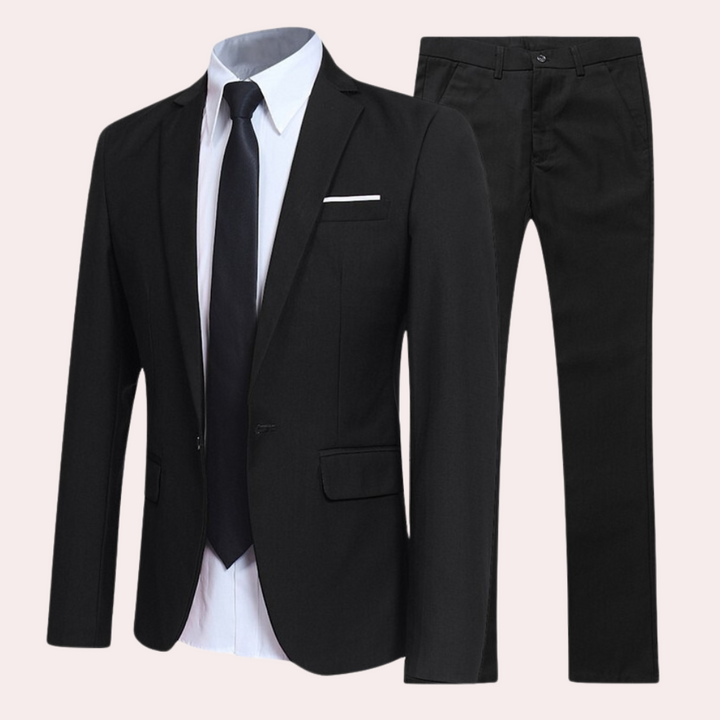 Men's slim fit two-piece suit for formal events & business. Includes a tailored blazer and matching trousers.