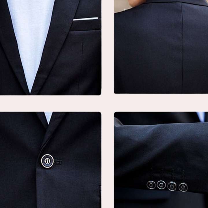 Full view of a sharp men's slim fit two-piece suit. Ideal men's clothing for professional and formal business settings.