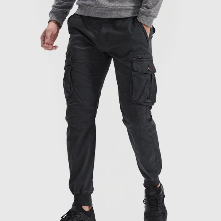 Casual men's utility cargo jogger pants with adjustable waist, slim fit, and practical multi-pockets for everyday comfort.
