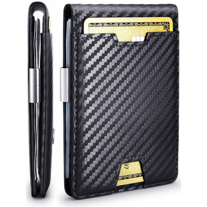Men's slim RFID faux leather wallet with money clip for secure card and cash organization.