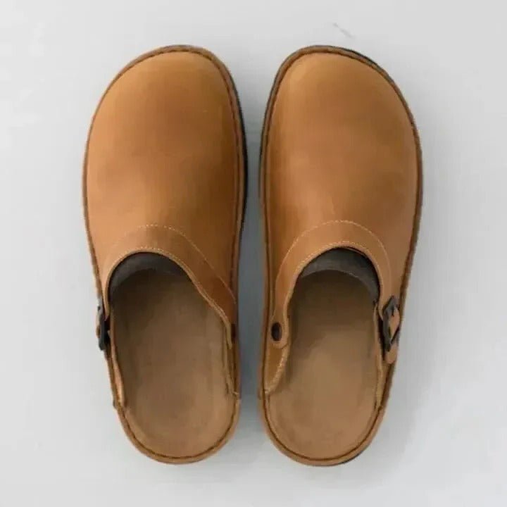 Stylish men's versatile mules with heel strap, ideal for indoor or outdoor casual footwear.