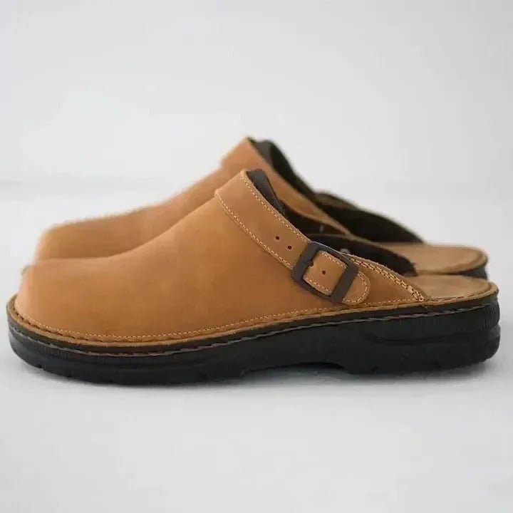 Men's slip-on mules, similar to sandals, with secure heel strap for versatile summer fashion.