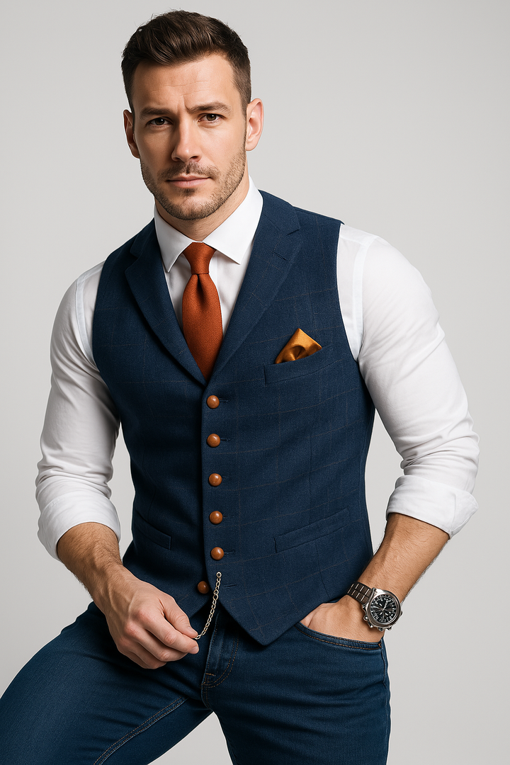 Stylish men's checked vest, perfect for formal occasions or a smart casual outfit. Enhance your gentleman's fashion.