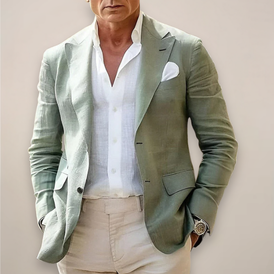 Modern men's tailored blazer. Dressy casual jacket perfect for versatile smart casual and business casual menswear.