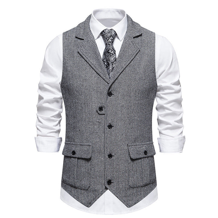 Detail of men's smart casual office vest pockets and buttons, highlighting quality men's fashion