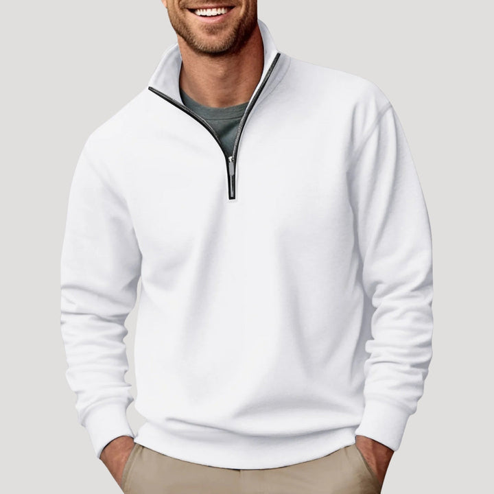 Men's smart casual quarter-zip pullover sweater for versatile layering. Ideal for fall & winter fashion.