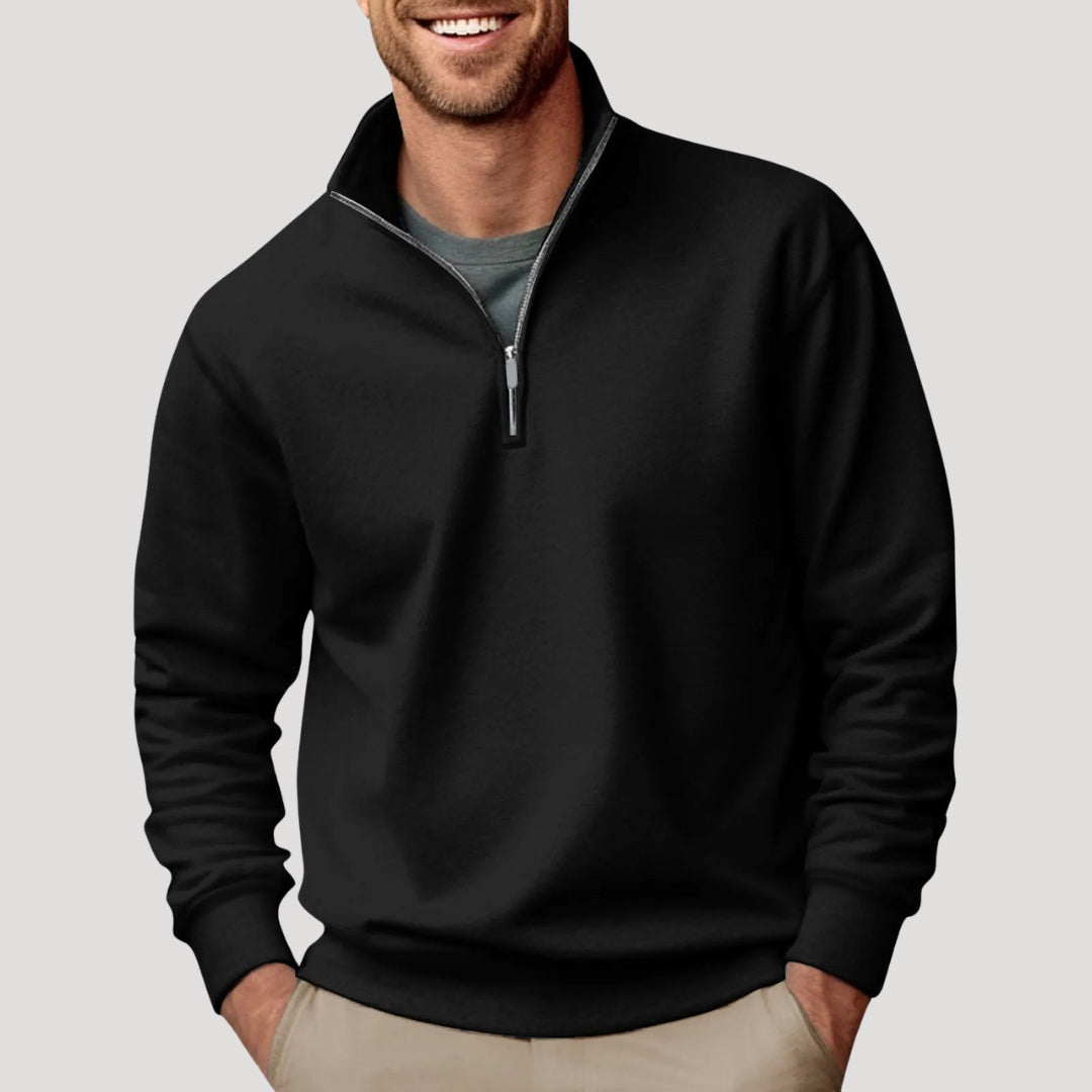 Classic men's smart casual quarter-zip pullover sweater. Essential for versatile fall & winter wear.