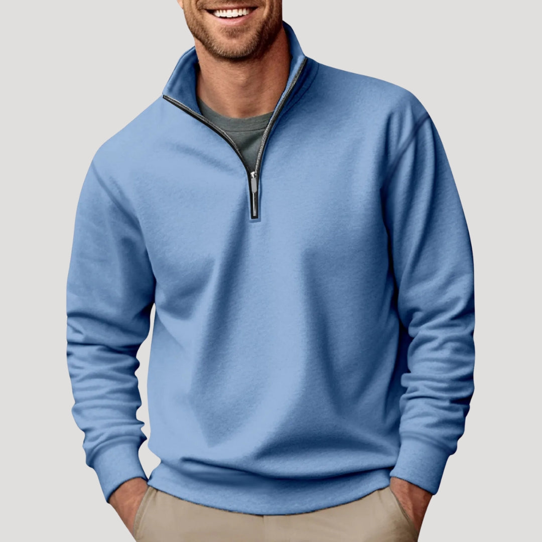 Modern men's smart casual quarter-zip pullover sweater. Comfortable & versatile for men's fashion trends.