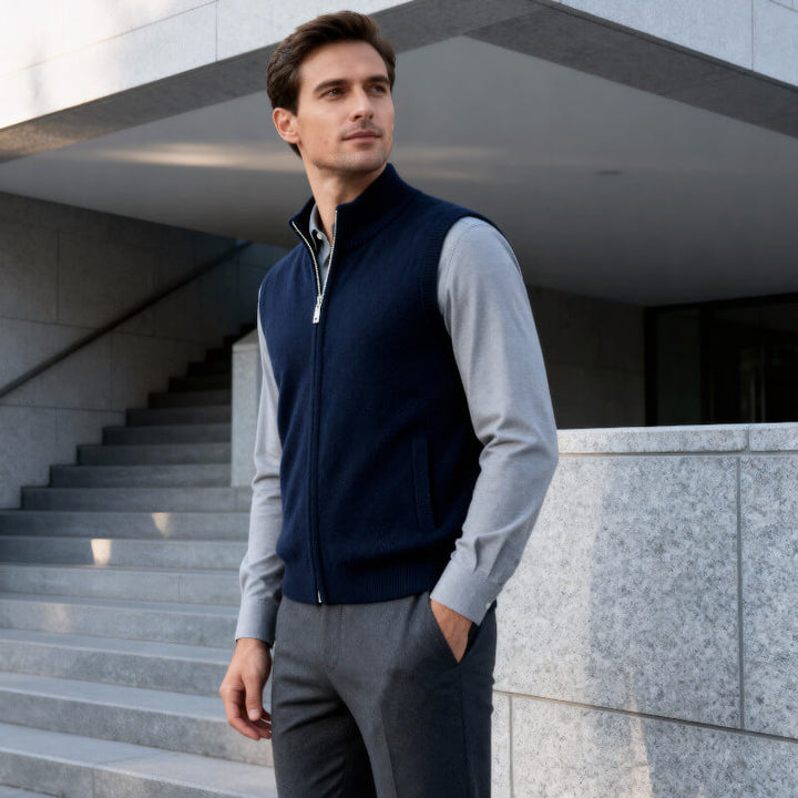 Stylish men's full-zip layering vest, great for casual outfits or smart-casual looks. Versatile everyday outerwear.