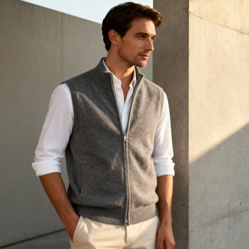 Man wearing a comfortable full-zip layering vest. Perfect for casual daily style & versatile outerwear.