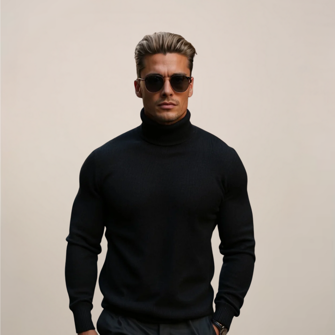 Men's solid black turtleneck pullover sweater, perfect for spring casual wear or minimalist style.
