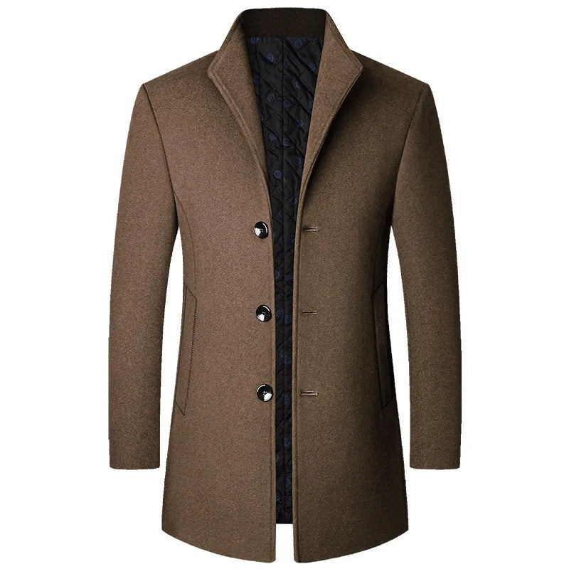 Men's sophisticated long button-front overcoat in a classic tailored fit, perfect for formal winter wear.