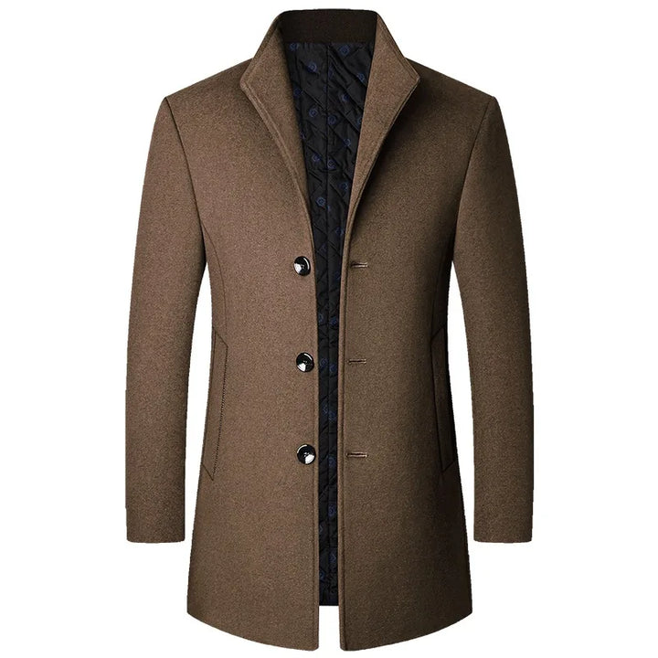 Men's sophisticated long button-front overcoat in a classic tailored fit, perfect for formal winter wear.
