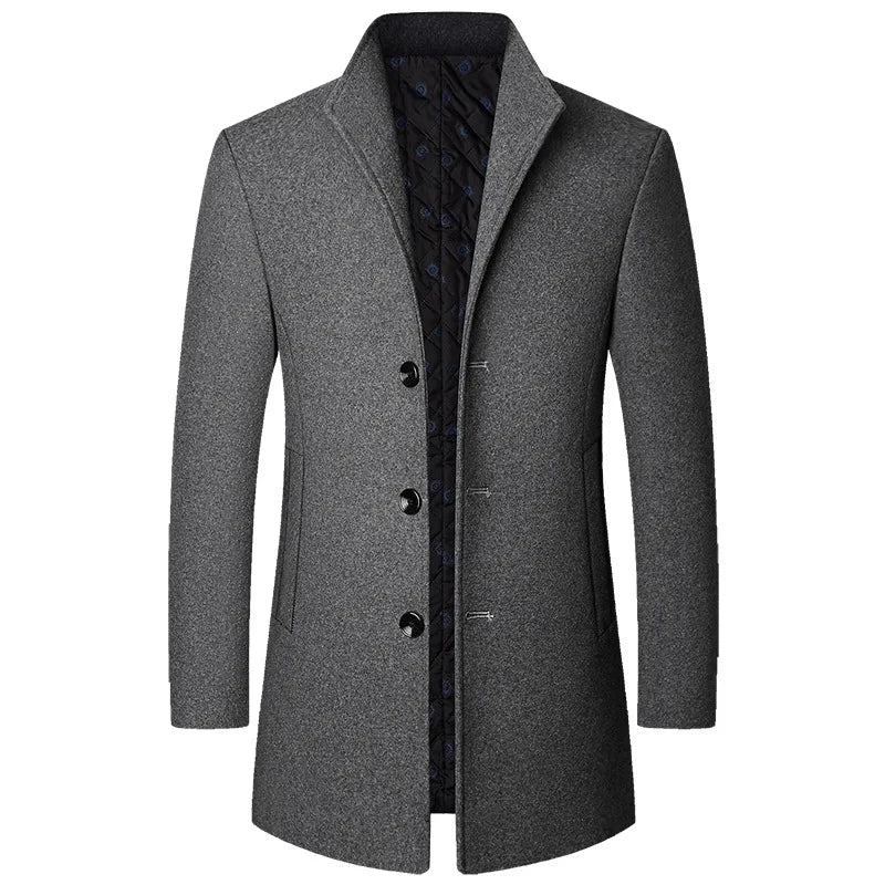 Elegant men's long overcoat with a button-front closure, ideal for adding a touch of class to any outfit.