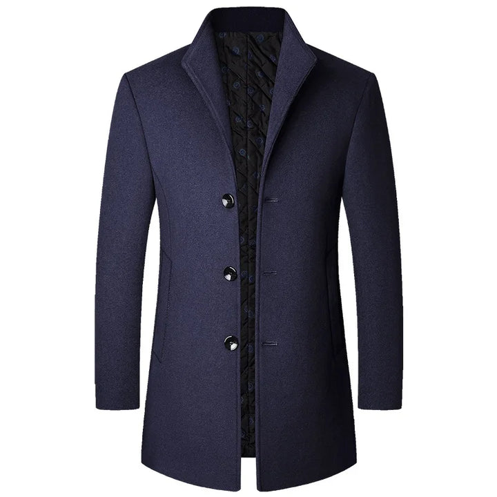 Stylish men's winter coat, a sophisticated long button-front overcoat for enhanced warmth and fashion.