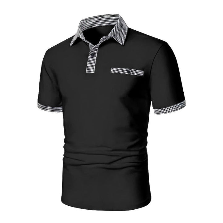 Man in sporty checkered polo shirt, demonstrating ease of movement for golf or active casual summer wear.