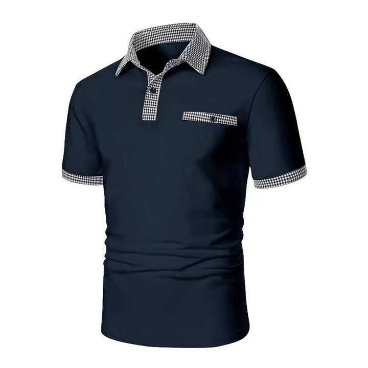Modern fit men's checkered polo shirt, offering a sleek look for sporty casual wear & comfortable golf play.