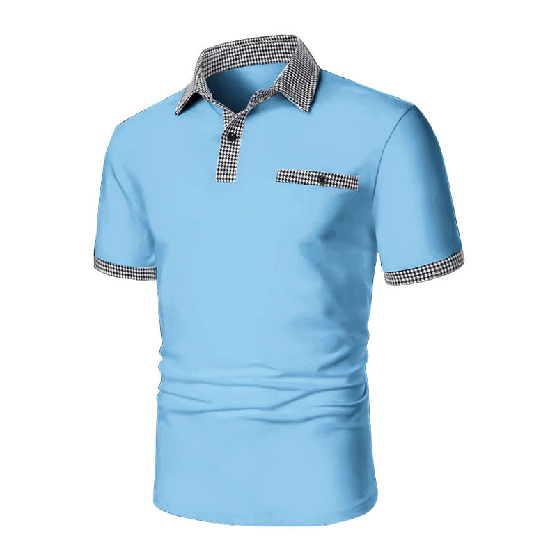 Unique checkered pattern on men's sporty polo shirt. A breathable, short sleeve summer top for golf & casual style.