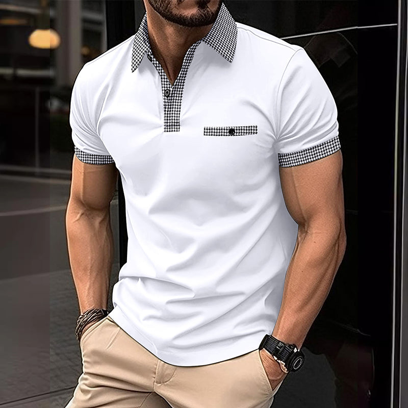 Man wearing sporty checkered polo shirt on a golf course. Perfect men's summer top for active casual wear.