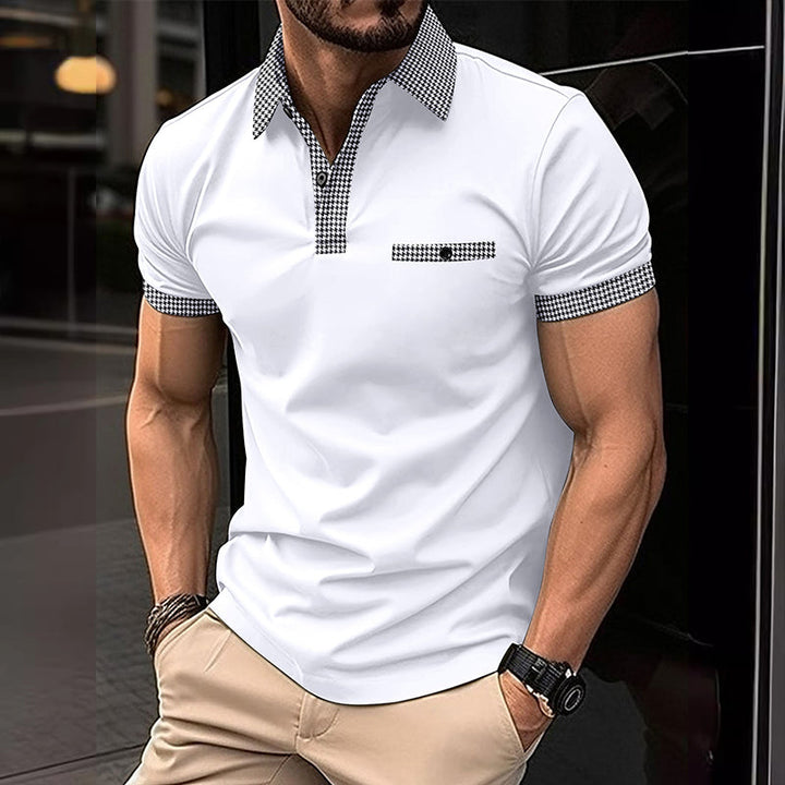 Man wearing sporty checkered polo shirt on a golf course. Perfect men's summer top for active casual wear.