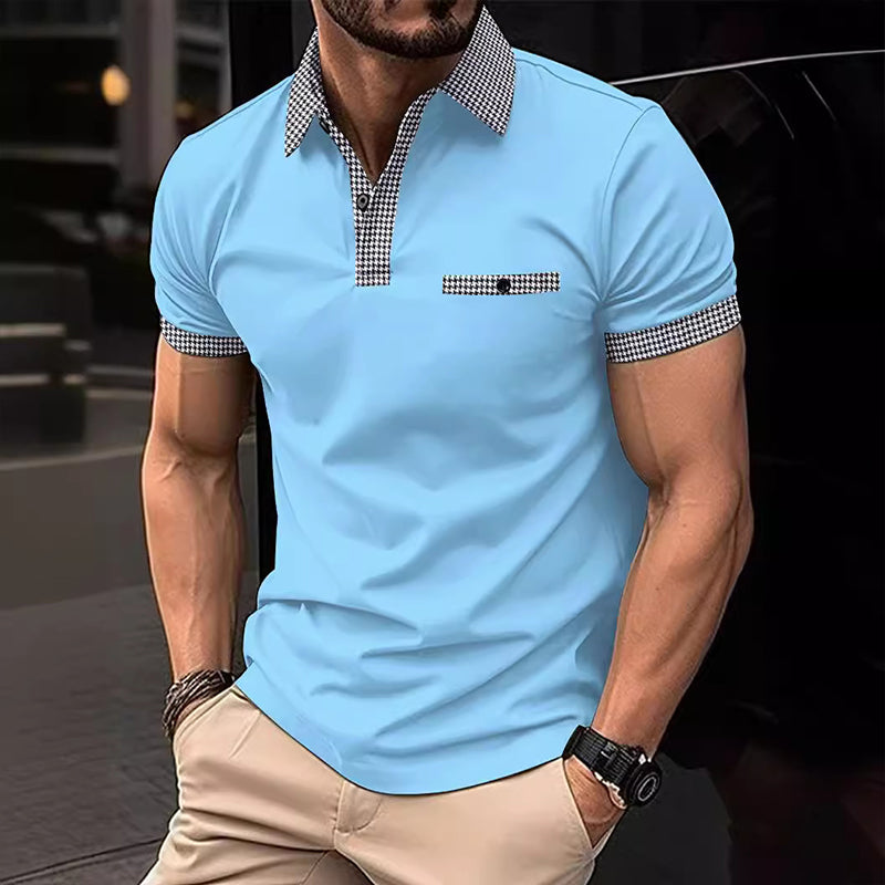 Men's versatile checkered polo shirt in a casual outdoor setting. Short sleeve modern fit, great for summer style.