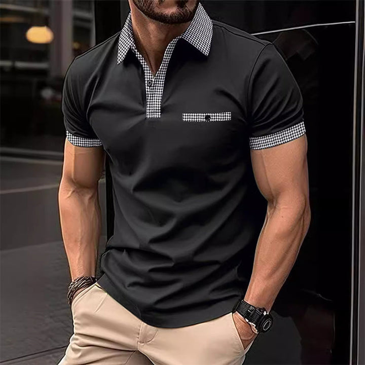 Stylish blue checkered men's polo shirt. A modern fit short sleeve top, perfect for summer golf & casual outfits.