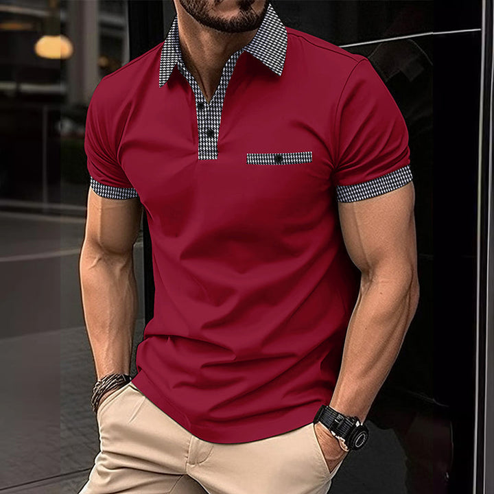 Side profile of man wearing a modern fit checkered polo shirt. Versatile men's summer top for golf & casual wear.