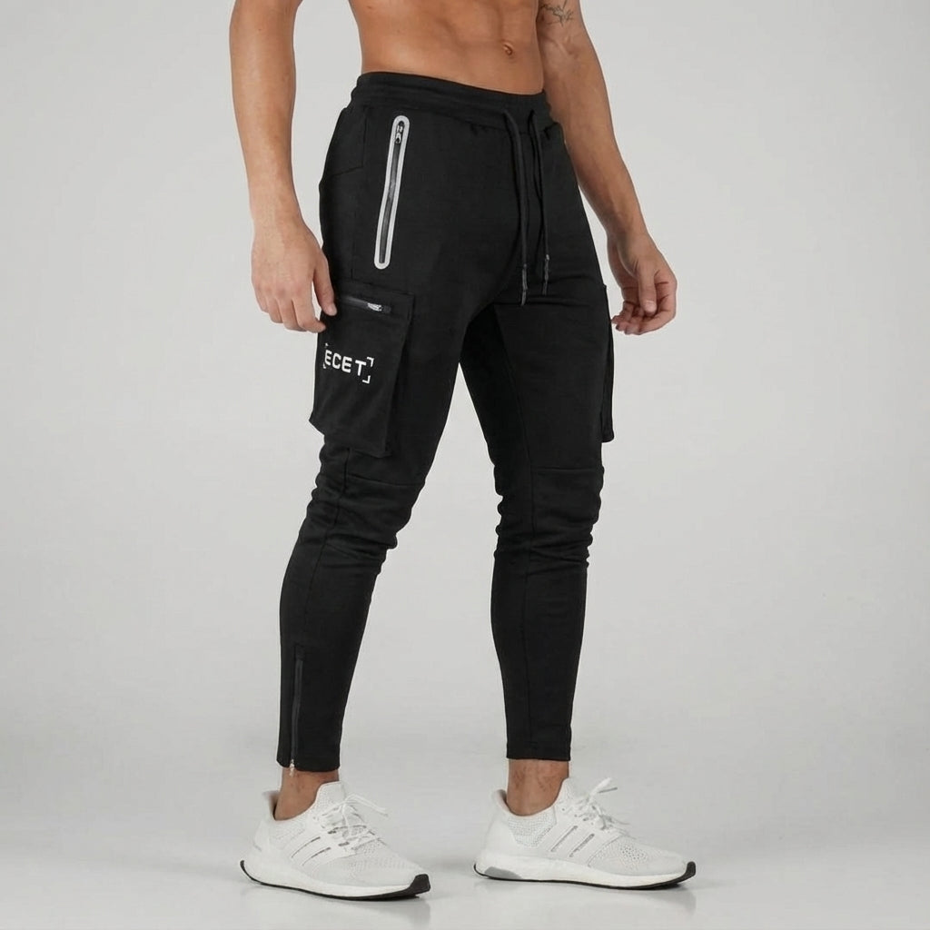 Men's performance joggers with secure zipper pockets, offering comfort & style for athletic activities & streetwear.