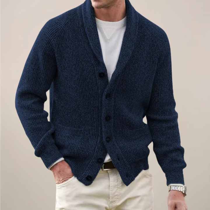 Men's spring shawl collar button cardigan in a light neutral color, perfect for casual layering