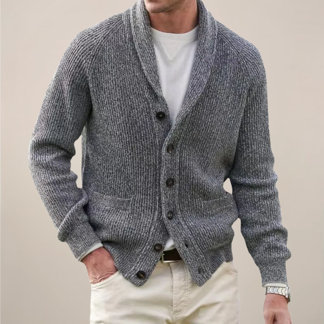 Stylish men's knitwear cardigan with a distinct shawl collar and front buttons, ideal for spring outerwear