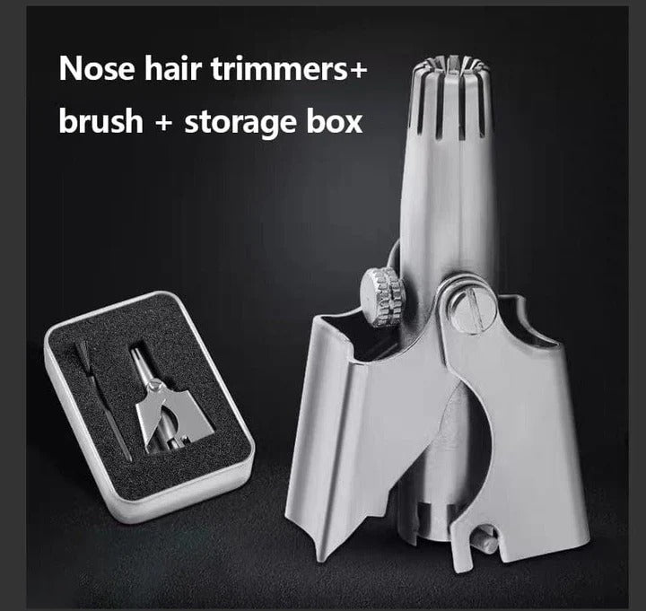 Close-up of a stainless steel nose & ear hair trimmer, essential for men's precise facial hair grooming.