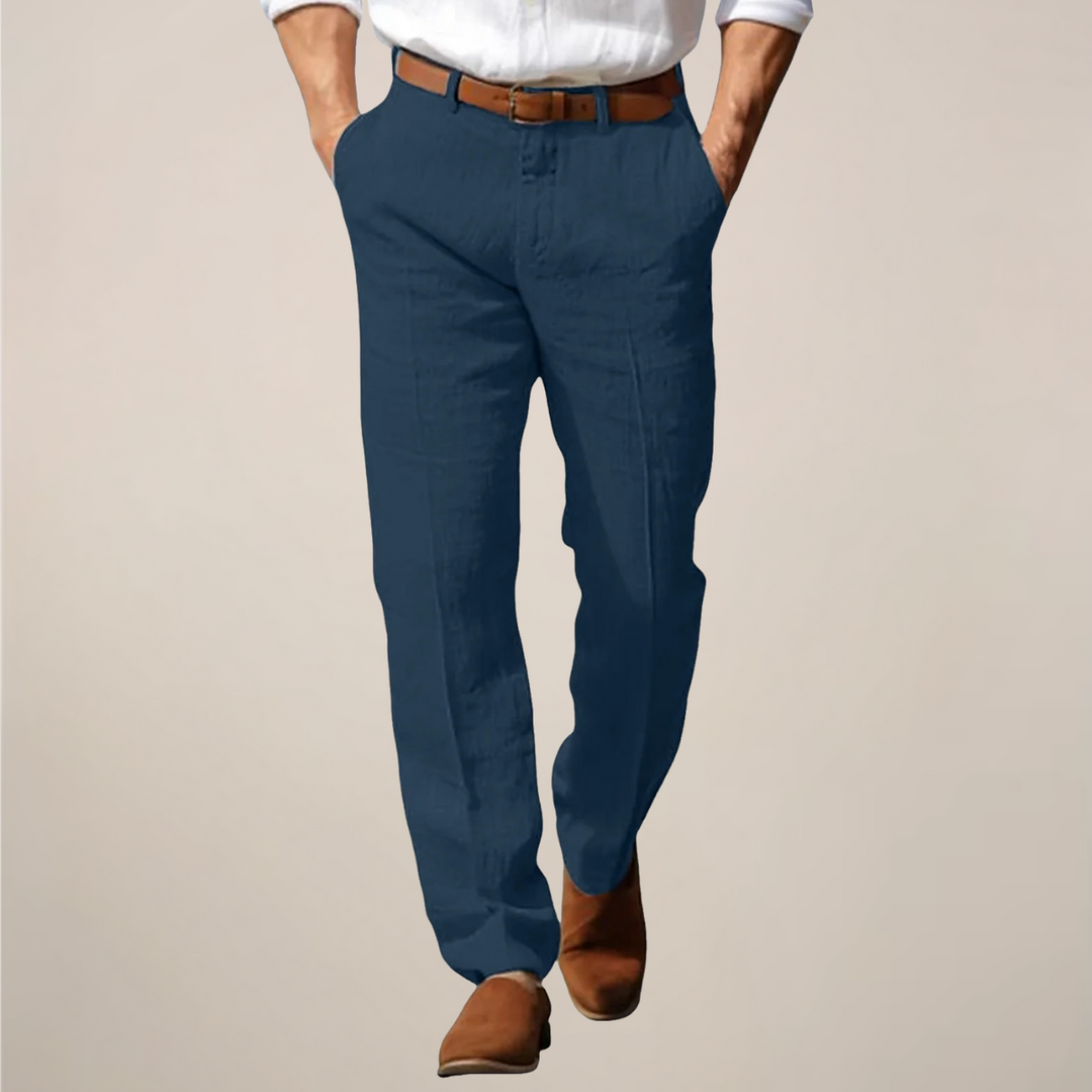 Close-up of comfortable men's straight-leg trousers, showcasing modern fit and quality fabric.