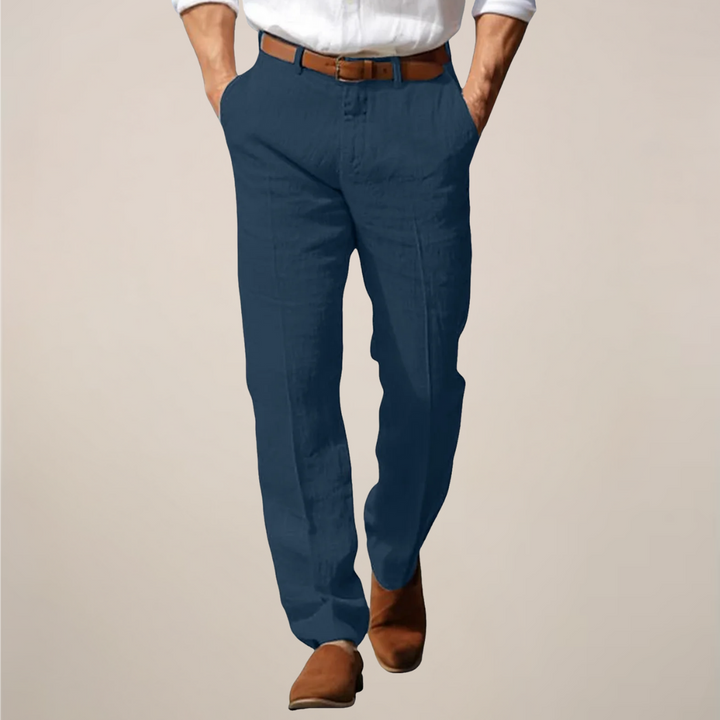 Close-up of comfortable men's straight-leg trousers, showcasing modern fit and quality fabric.