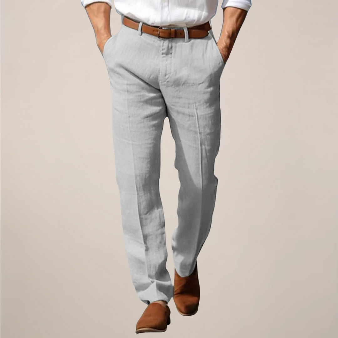 Lightweight, stylish men's straight-leg trousers. Comfortable & versatile pants for smart casual everyday fashion.