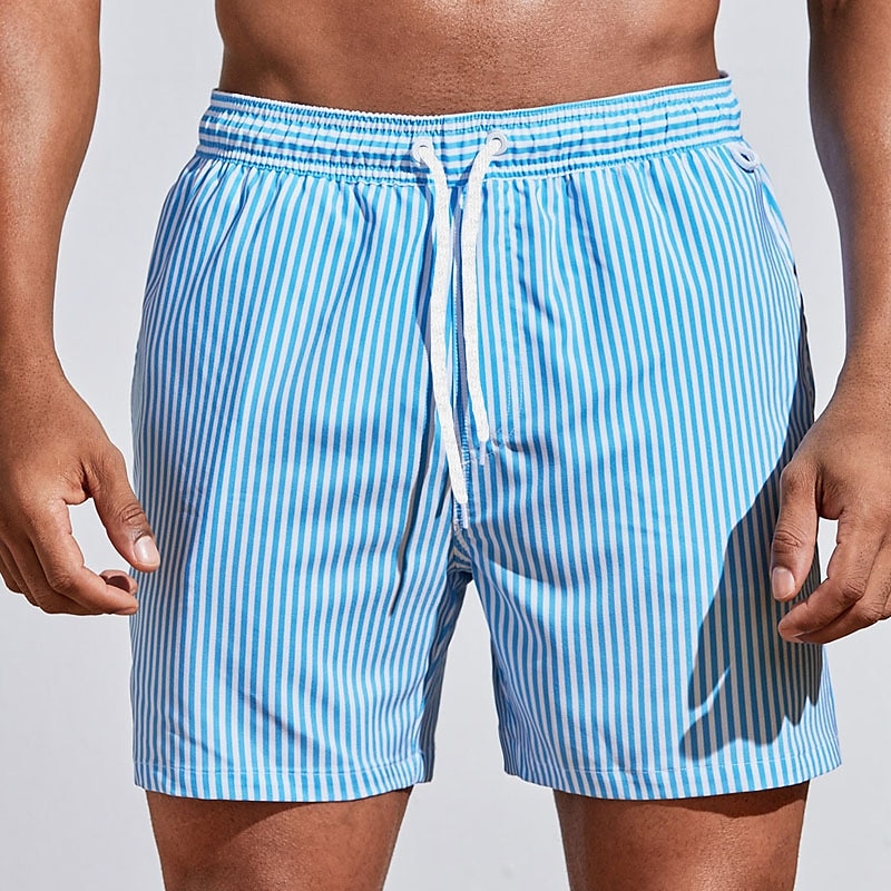 Comfy men's striped swimwear shorts with drawstring, ideal for casual beachwear and summer pool days.