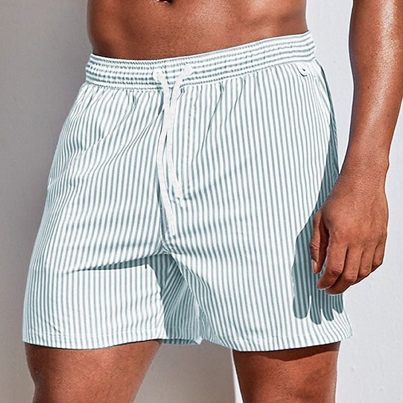 Athletic men's striped swim shorts with drawstring, perfect for water sports, pool, or summer vacation.