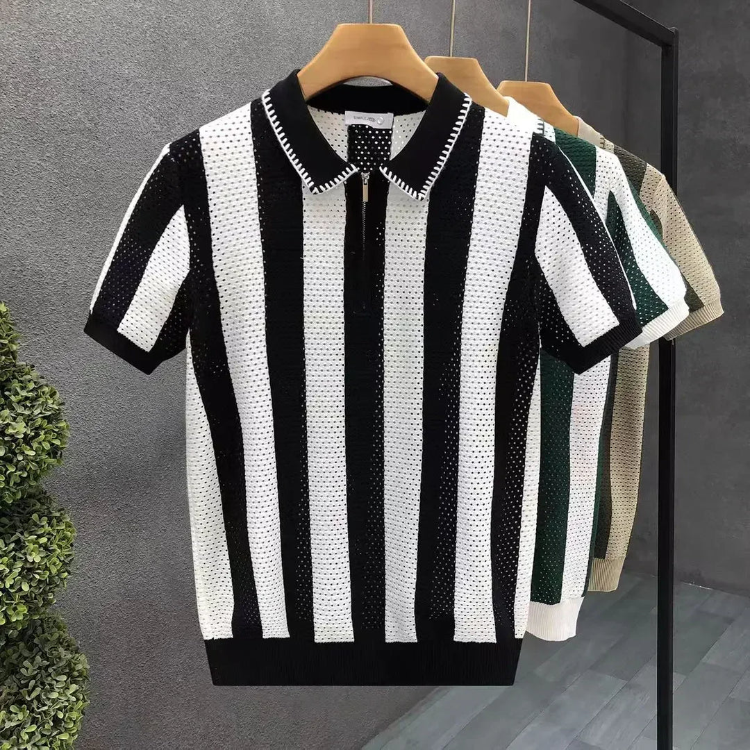 Modern vintage men's half-zip polo with stylish stripes. Short sleeve casual top, ideal for summer fashion.