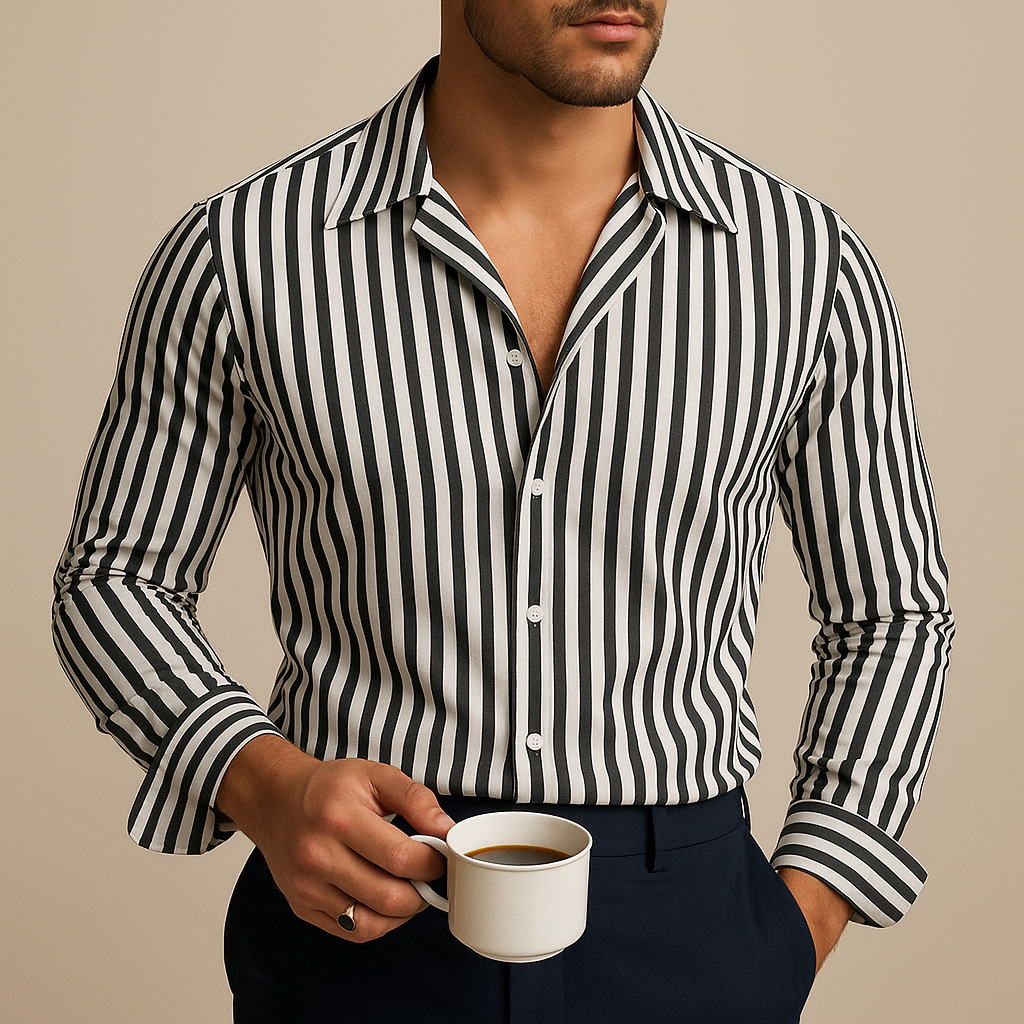 Close-up of a men's striped polo shirt, highlighting the smart button-down collar & quick-dry fabric.