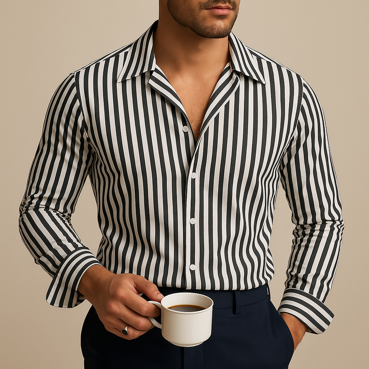 Close-up of a men's striped polo shirt, highlighting the smart button-down collar & quick-dry fabric.