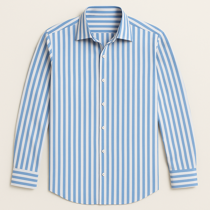 Stylish men's striped polo shirt, perfect for smart casual & business wear. Modern, comfortable, all-season fashion.